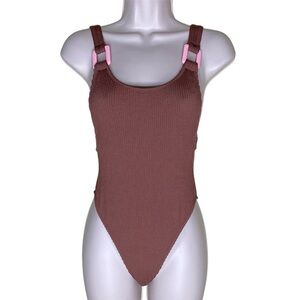 Aerie Crinkle Birthday Scoop Cheekiest One Piece Swimsuit Brown Pink Size XS